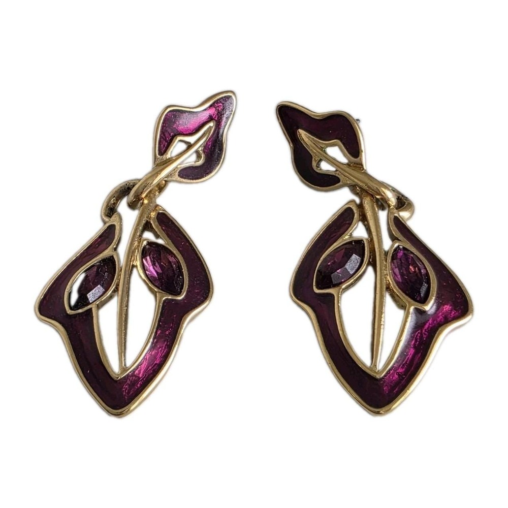 Vintage TRIFARI Gold Tone Purple Enamel Art Nouveau Leaf Dangle Drop Earrings